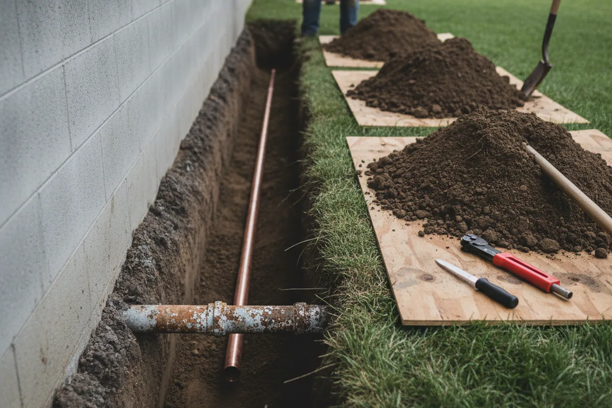 Excavated water line trench during Sewer Line Repair in Saunderstown